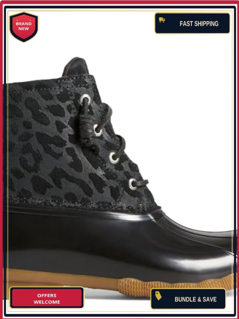 Sperry Saltwater Cheetah Duck Boot Waterproof Ankle Rain Boot Zip